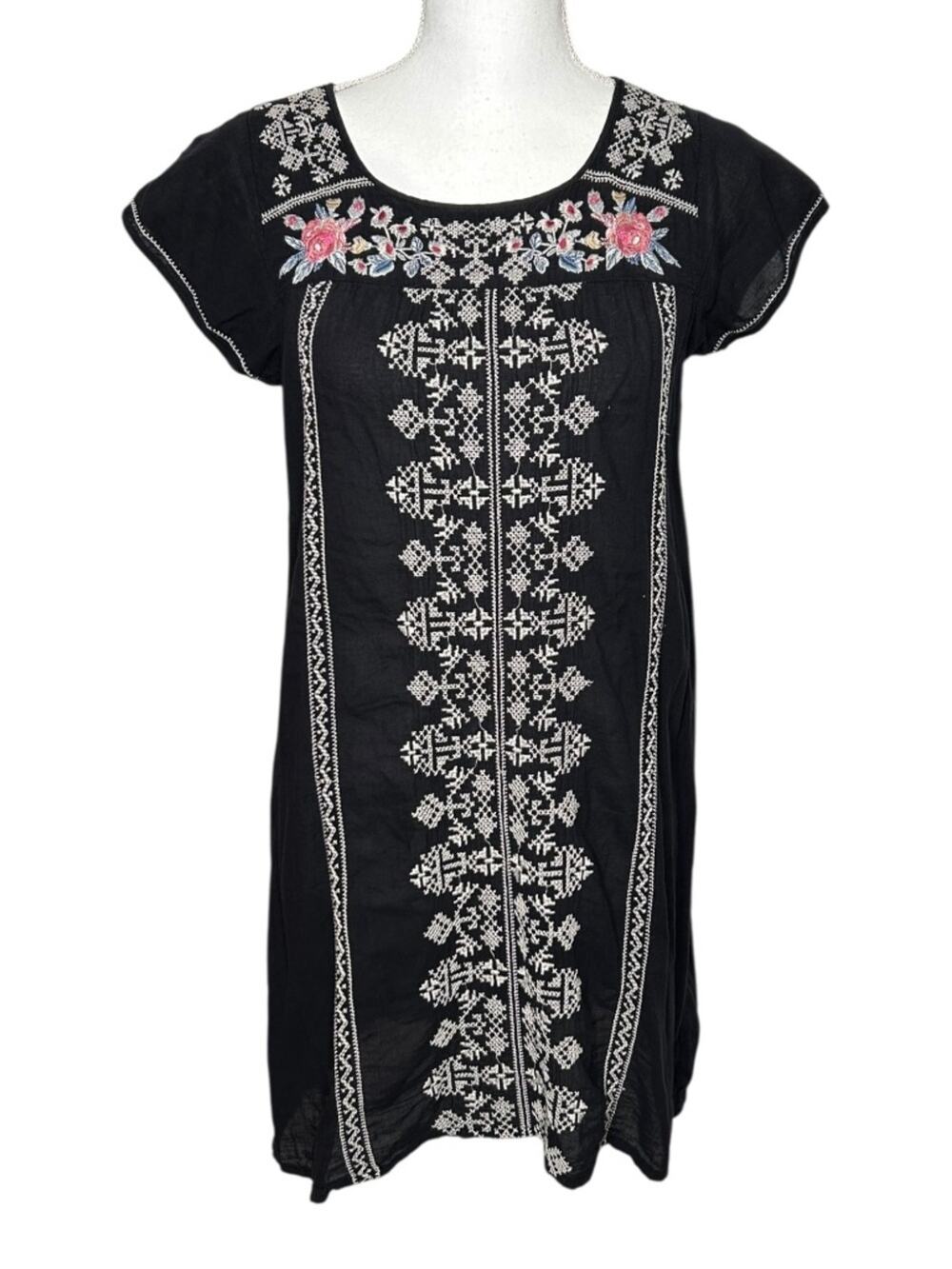 Johnny Was 3J Workshop Embroidered Yoke Black Floral Boho Dress Small